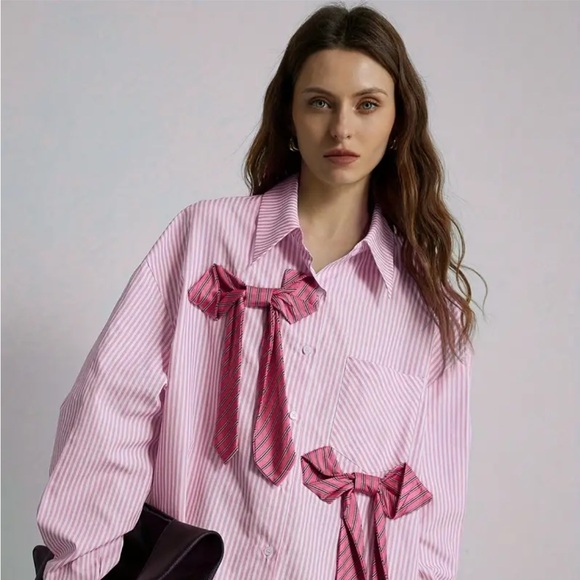 Bow Detail Oversized Striped Shirt Blouse - Picture 8 of 15